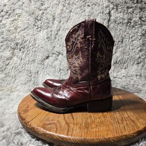 Western Kids Size 19.5 Or US 1 Burgundy Leather  Embroidered Cowboy Pointed toe